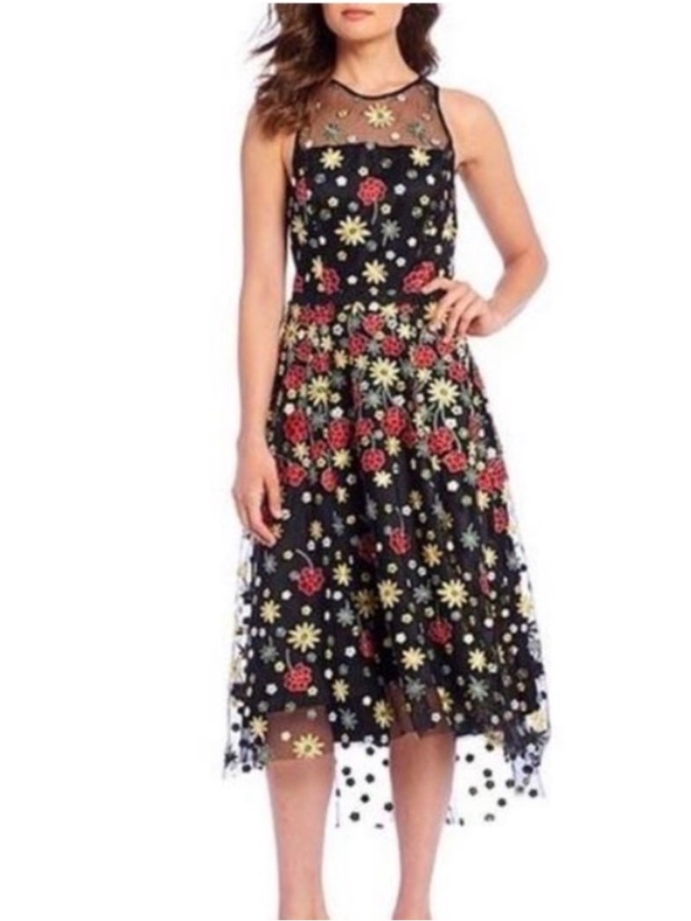 Alex Marie Lindsey Floral Embroidered Midi Dress Black Red Yellow Women’s 2 NWT
